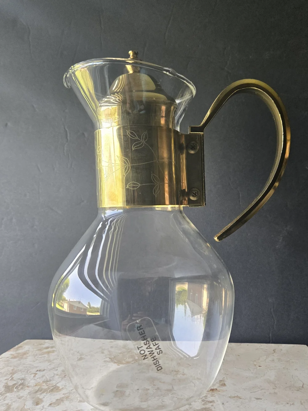 Vintage Princess House Herritage Brass Etched Glass Carafe Pitcher